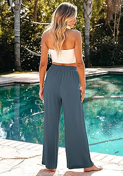 GRAPENT Wide Leg Pants Woman Linen High Waisted Pull On Flowy Casual Baggy Drawstring Palazzo Trousers Pants Resort Wear