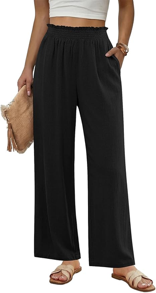 GRAPENT Linen Pants for Women Wide Leg High Waisted Paper Bag Smocked Waist Casual Summer Beach Vacation Palazzo Pants