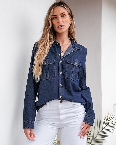 Grapent Women's Supima Cotton Wrinkle-free Relaxed Fit  Button Shirt Workwear-inspired Denim Shirt
