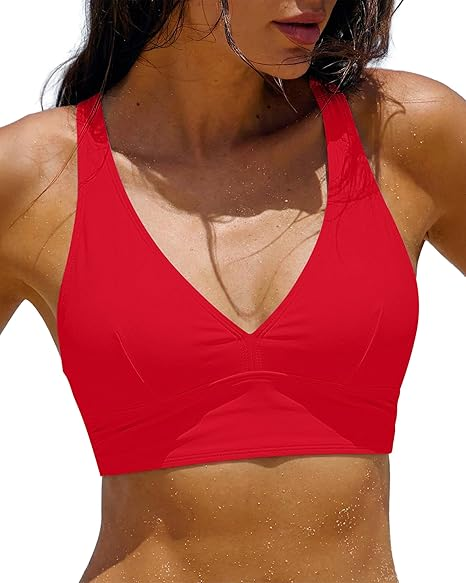 GRAPENT Bikini Top for Women V Neck Ruched Criss Cross Padded Beach Vacation Bathing Suit Modest Cute Swim Suit Top Only