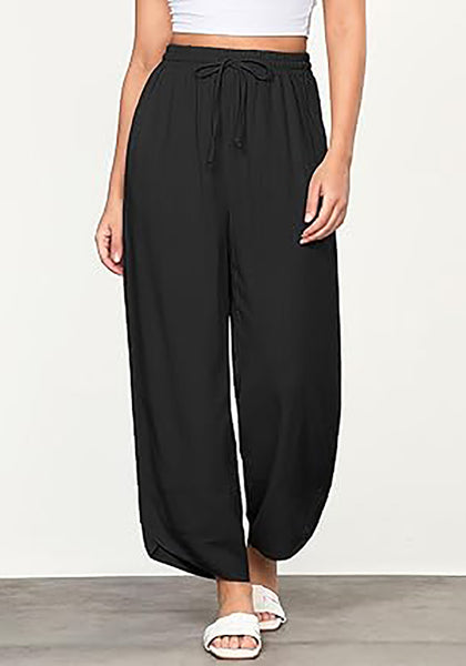 GRAPENT Linen Pants Women High Waisted Wide Leg Casual Beach Pull On Elastic Waist Summer Cropped Pants with Pockets