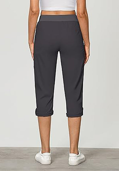 GRAPENT Capri Cargo Pants for Women High Waisted Pull On Elastic Waist Stretch Twill Fold Hem Capris Pants with Pockets