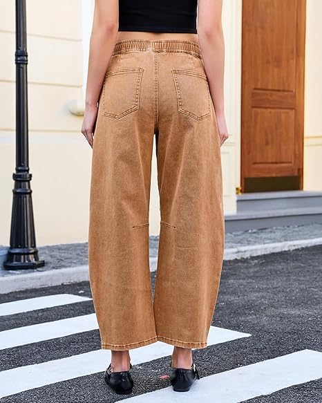 GRAPENT Barrel Jeans for Women Trendy High Waisted Cropped Baggy Wide Leg Pull On Elastic Waist Stretchy Denim Pants