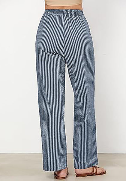 GRAPENT Striped Pants for Women High Waisted Wide Leg Cotton Linen Trendy Beach Pull on Elastic Waist Casual Flowy Pants