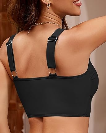 GRAPENT Bikini Tops for Women Cropped Tankini Tops Beach V Bar Padded Ruched Adjustable Strap Swimsuit Swim Top Only