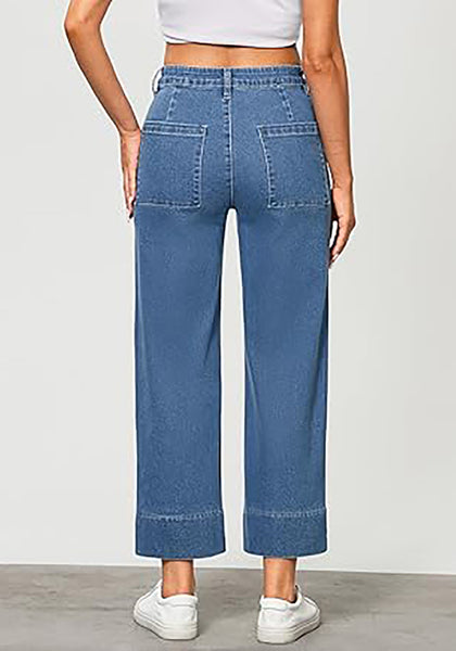 GRAPENT Wide Leg Jeans for Women Trendy High Waisted Straight Leg Cropped Stretchy Denim Pants with Retro Patch Pockets