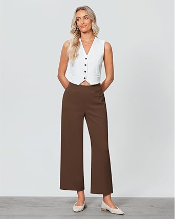 GRAPENT Cropped Pants for Women Trendy Business Casual High Waisted Pull On Wide Leg Stretchy Dress Pants with Pockets