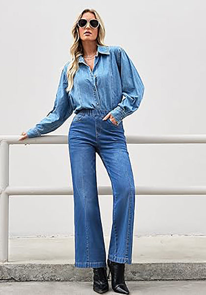 GRAPENT Pull On Womens Jeans Baggy Stretchy High Waisted Denim Wide Leg Trouser Pants Trendy Front Seam 90s Loose Jean