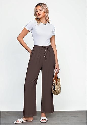 GRAPENT Linen Wide Leg Pants Woman High Waisted Pull On Button Drawstring Baggy Casual Summer Palazzo Pants with Pockets