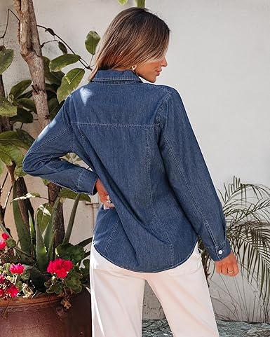 GRAPENT Women's Shirt Rugged Button Down Loose Durable Classic Fitted Denim Blouse Top