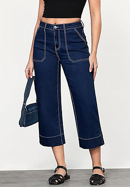 GRAPENT Capri Jeans for Women High Waisted Wide Leg Trendy Strechy Loose Straight Cropped Denim Jeans Pants with Pockets