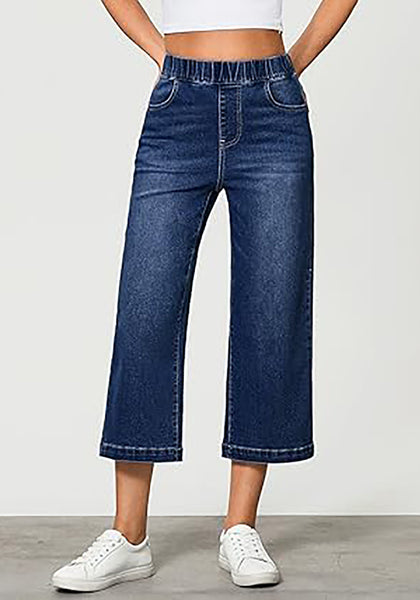 GRAPENT Capri Jeans for Women Wide Leg High Waisted Effortless Flow Pull On Stretchy Denim Elastic Waist Pants with Pockets