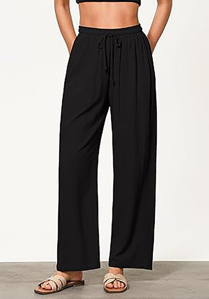 GRAPENT Linen Pants for Women Wide Leg High Waisted Baggy Drawstring Elastic Waist Palazzo Trousers Pants with Pockets