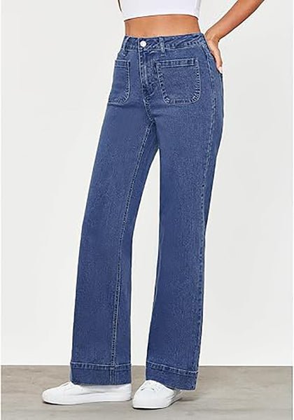 GRAPENT Women's Full Length Stretch Denim Regular Jeans High Waisted Bell Bottom