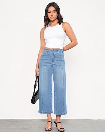 GRAPENT Wide Leg Jeans Woman Trendy Cropped High Waisted Front Seam Casual Stretchy Denim Trouser Jeans with Pockets