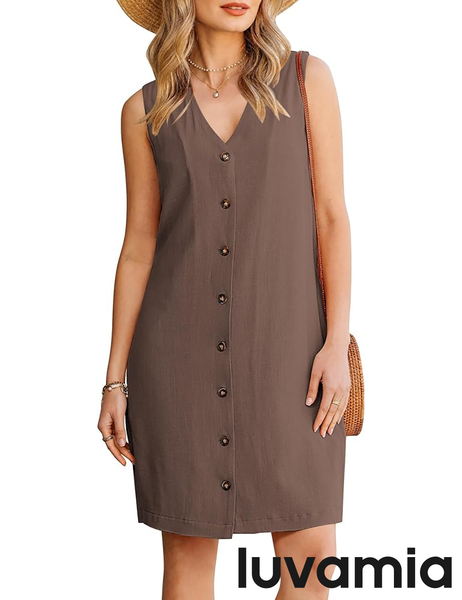 GPAPENT Linen Dresses for Women Summer Casual Sleeveless Button Down V Neck Pocket Self Tie Knee Length Loose Sun Dress