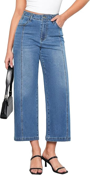 GRAPENT Wide Leg Jeans Woman Trendy Cropped High Waisted Front Seam Casual Stretchy Denim Trouser Jeans with Pockets