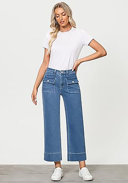 GRAPENT Wide Leg Jeans for Women Trendy High Waisted Straight Leg Cropped Stretchy Denim Pants with Retro Patch Pockets