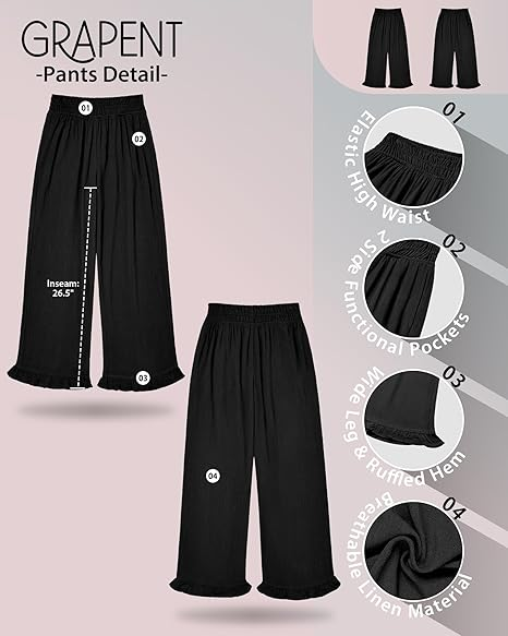 GRAPENT Linen Pants Women Wide Leg Ruffle Hem Pull On High Waisted Elastic Waist Cropped Ankle Casual Beach Summer Pants