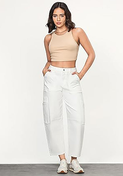GRAPENT Barrel Jeans for Women Trendy High Waisted Cropped Cargo Pocket Baggy Stretch Denim Pants Wide Leg Tapered Jeans