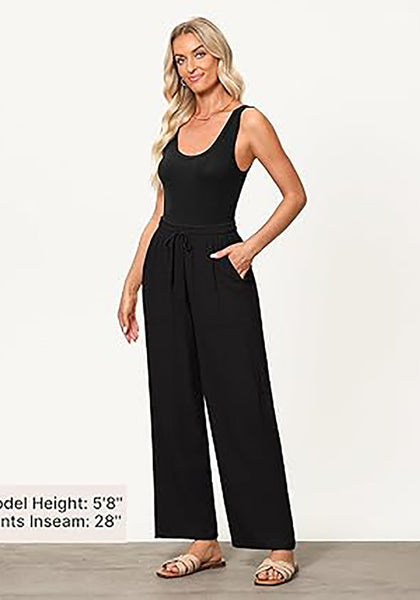 GRAPENT Linen Pants for Women Wide Leg High Waisted Baggy Drawstring Elastic Waist Palazzo Trousers Pants with Pockets