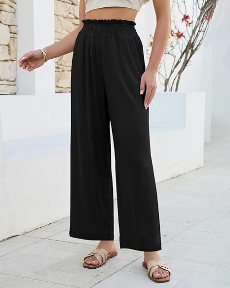 GRAPENT Linen Pants for Women Wide Leg High Waisted Paper Bag Smocked Waist Casual Summer Beach Vacation Palazzo Pants