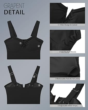GRAPENT Bikini Tops for Women Cropped Tankini Tops Beach V Bar Padded Ruched Adjustable Strap Swimsuit Swim Top Only