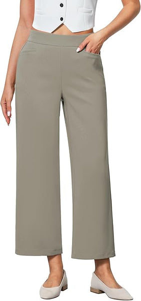 GRAPENT Cropped Pants for Women Trendy Business Casual High Waisted Pull On Wide Leg Stretchy Dress Pants with Pockets