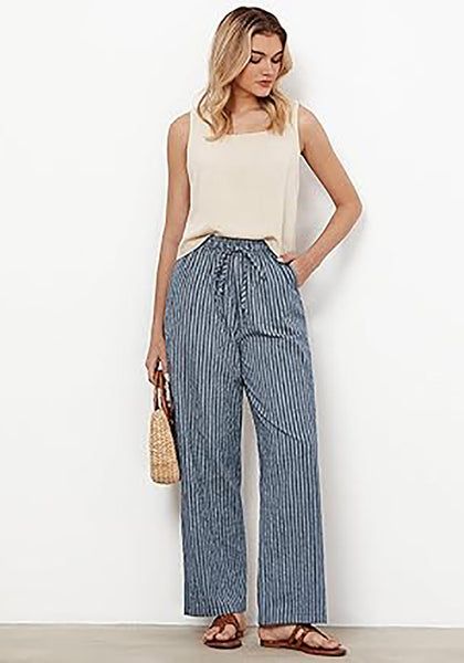 GRAPENT Striped Pants for Women High Waisted Wide Leg Cotton Linen Trendy Beach Pull on Elastic Waist Casual Flowy Pants