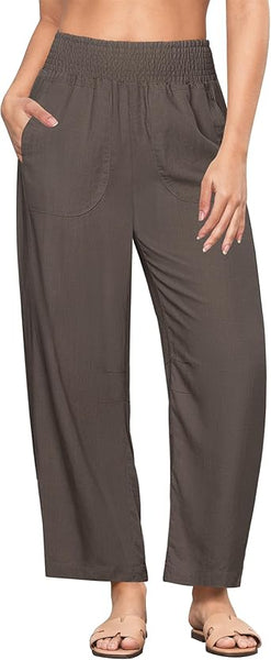 GRAPENT Linen Pants Women Wide Leg High Waisted Cropped Barrel Pull On Smocked Elastic Waist Summer Pants with Pockets