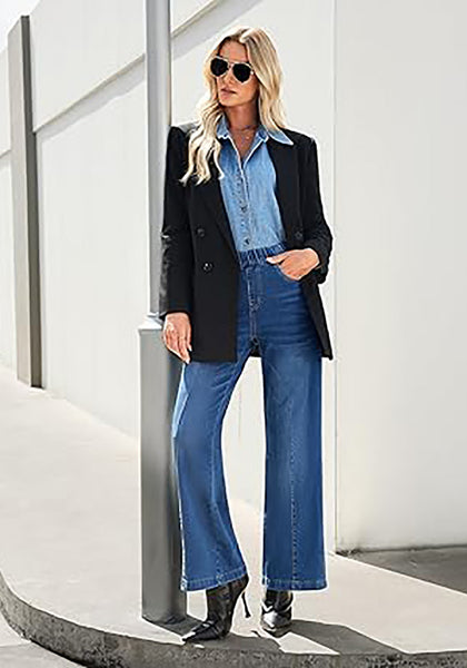 GRAPENT Pull On Womens Jeans Baggy Stretchy High Waisted Denim Wide Leg Trouser Pants Trendy Front Seam 90s Loose Jean