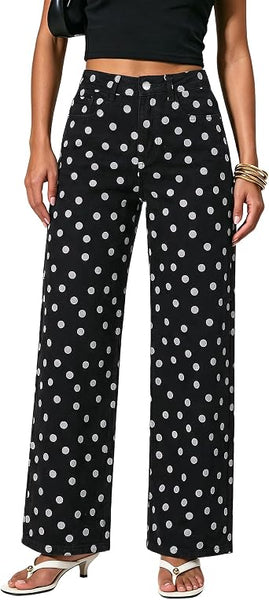 GRAPENT Wide Leg Jeans for Women High Waisted Polka Dot Stretch Denim Pants | Polka Dot, 90s Baggy Straight, High Rise, 29.5 Inch Inseam, Stretchy Jean Pants, Classic 5 Pockets, Business Casual Outfits