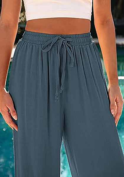 GRAPENT Wide Leg Pants Woman Linen High Waisted Pull On Flowy Casual Baggy Drawstring Palazzo Trousers Pants Resort Wear