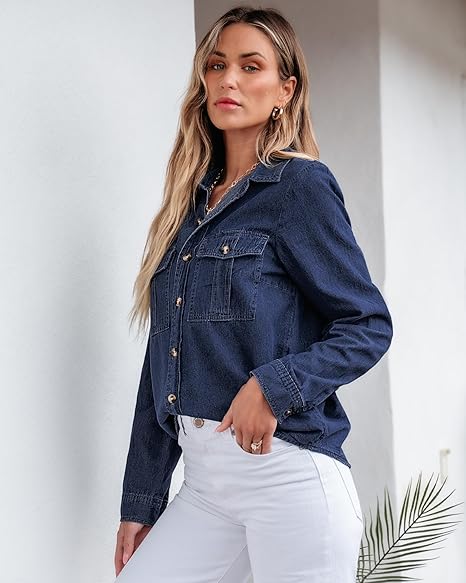 Grapent Women's Supima Cotton Wrinkle-free Relaxed Fit  Button Shirt Workwear-inspired Denim Shirt