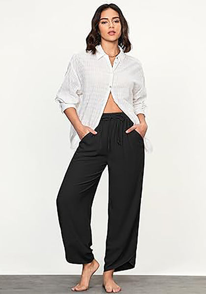 GRAPENT Linen Pants Women High Waisted Wide Leg Casual Beach Pull On Elastic Waist Summer Cropped Pants with Pockets