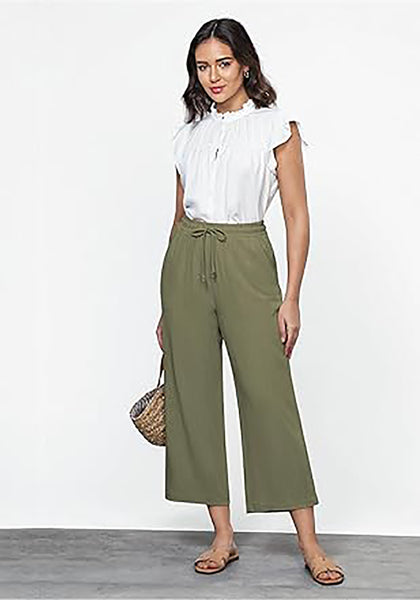 GRAPENT Linen Pants for Women High Waisted Wide Leg Capri Elastic Waist Casual Beach Flowy Cropped Summer Capris Pants