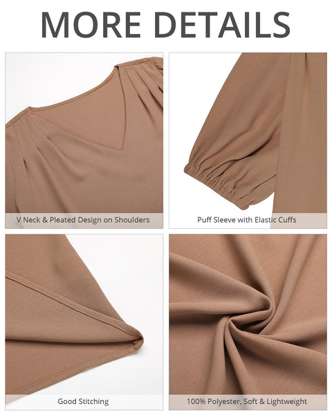 GRAPENT Business Casual Tops for Women Work Blouses Dressy Short Puff Sleeve Office Pleated V Neck Trendy Summer Blouse