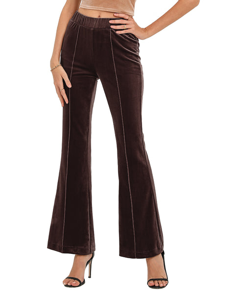 GRAPENT Flare Velvet Pants for Women High Waisted Wide Leg Stretch Elastic Waist Pull On Trousers Front Seam Slacks