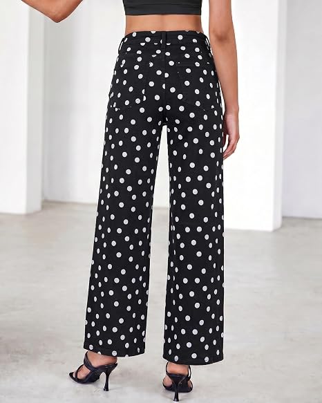 GRAPENT Wide Leg Jeans for Women High Waisted Polka Dot Stretch Denim Pants | Polka Dot, 90s Baggy Straight, High Rise, 29.5 Inch Inseam, Stretchy Jean Pants, Classic 5 Pockets, Business Casual Outfits