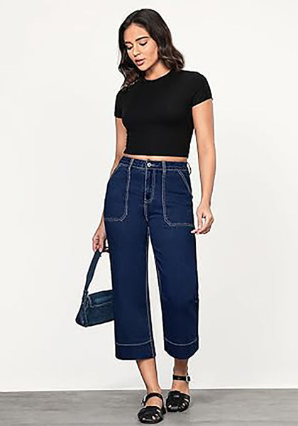 GRAPENT Capri Jeans for Women High Waisted Wide Leg Trendy Strechy Loose Straight Cropped Denim Jeans Pants with Pockets
