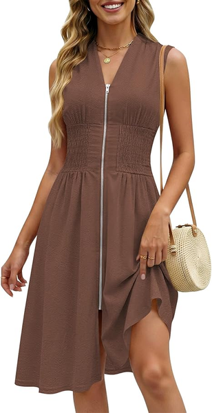 GRAPENT Linen Dresses for Women Summer Casual Flowy V Neck Sleeveless Smocked Zip Beach Vacation Midi Dress with Pockets