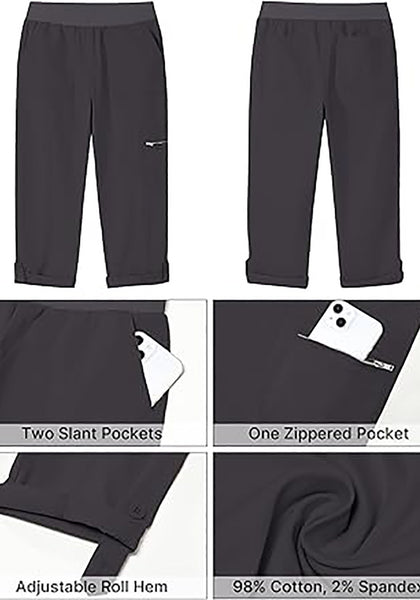 GRAPENT Capri Cargo Pants for Women High Waisted Pull On Elastic Waist Stretch Twill Fold Hem Capris Pants with Pockets