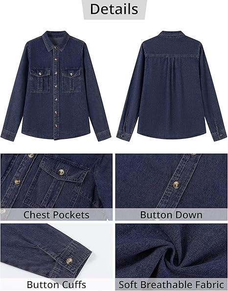 Grapent Women's Supima Cotton Wrinkle-free Relaxed Fit  Button Shirt Workwear-inspired Denim Shirt