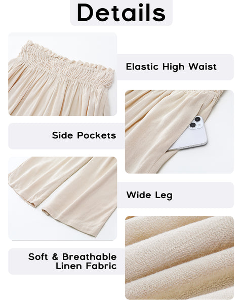 GRAPENT Capri Pants for Women High Waisted Wide Leg Linen Palazzo Trousers Pull On Elastic Smock Waist Loose Flowy Pants