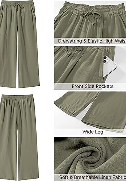 GRAPENT Linen Pants for Women High Waisted Wide Leg Capri Elastic Waist Casual Beach Flowy Cropped Summer Capris Pants