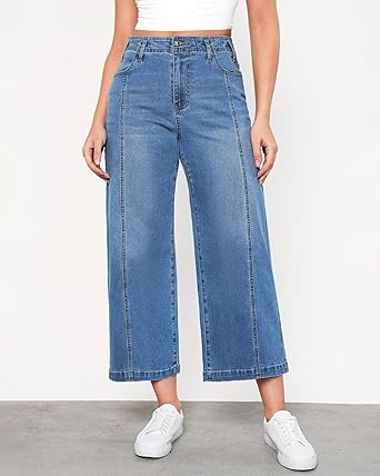 GRAPENT Wide Leg Jeans Woman Trendy Cropped High Waisted Front Seam Casual Stretchy Denim Trouser Jeans with Pockets