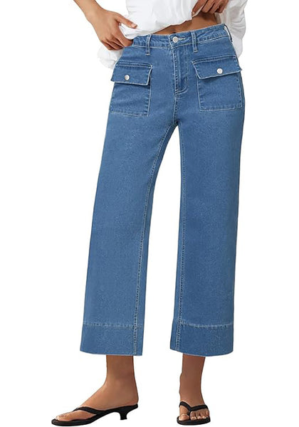 GRAPENT Wide Leg Jeans for Women Trendy High Waisted Straight Leg Cropped Stretchy Denim Pants with Retro Patch Pockets