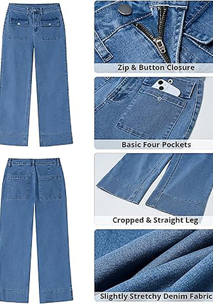 GRAPENT Wide Leg Jeans for Women Trendy High Waisted Straight Leg Cropped Stretchy Denim Pants with Retro Patch Pockets