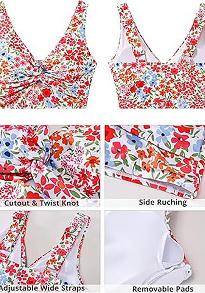 GRAPENT Bikini Tops for Women Cropped Tankini Tops Floral Printed Beach Padded Knot Twist Cut Out Bathing Suit Top Only