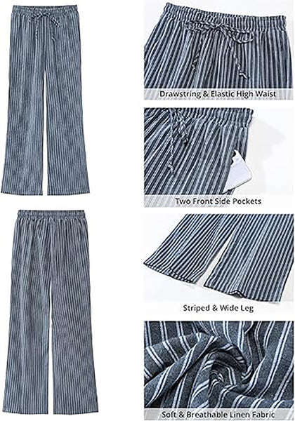 GRAPENT Striped Pants for Women High Waisted Wide Leg Cotton Linen Trendy Beach Pull on Elastic Waist Casual Flowy Pants